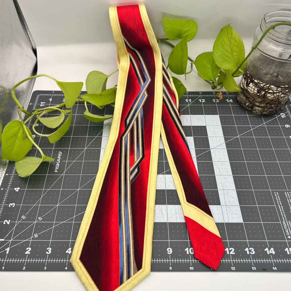 Design by Tal's Red Geometric Silk Tie Hand Made Abstract Bordered 4in